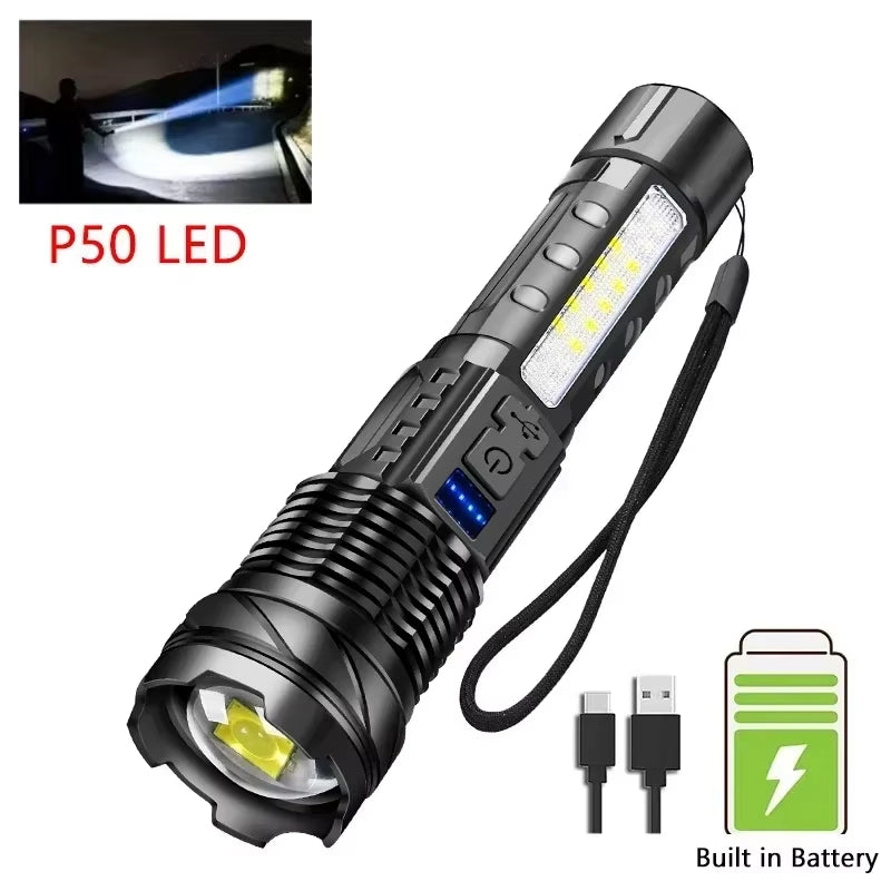 High Power White Laser LED Flashlight Built-In Battery USB Rechargeable Strong Light Tactical Torch Outdoor Camping Hiking Lamp